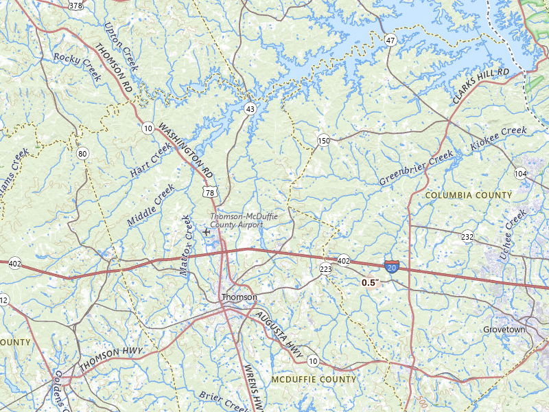 Radar-estimated hail-size map of the storm over Thomson, GA on Jul 11, 2026