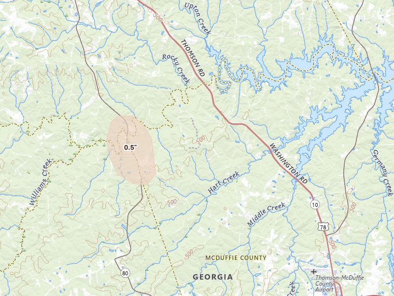 Radar-estimated hail-size map of the storm over Thomson, GA on Jul 17, 2026