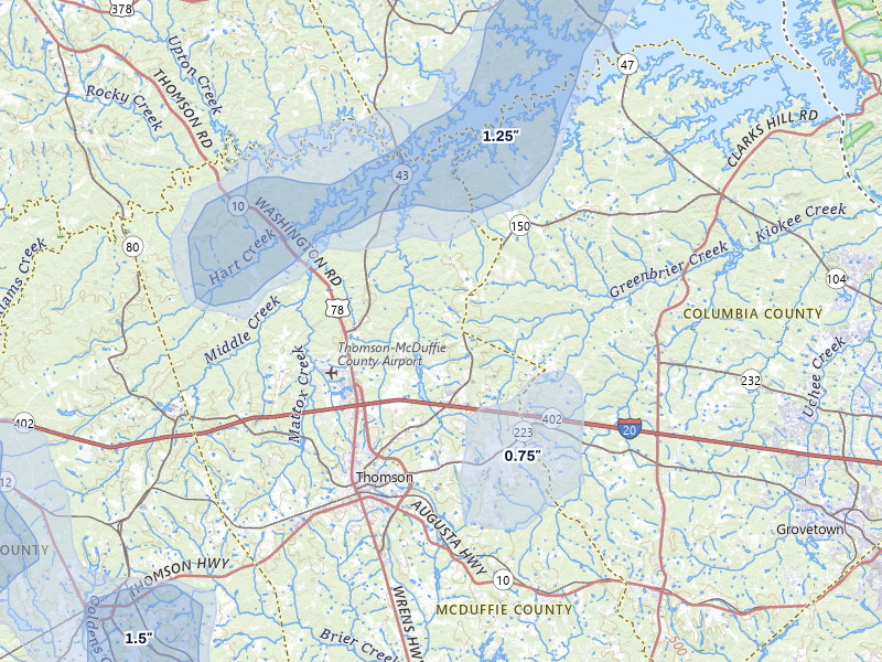 NEXRAD radar-signature map of the hail storm over Thomson, GA on Aug 6, 2026