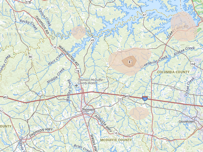 Radar-estimated hail-size map of the storm over Thomson, GA on Aug 21, 2026