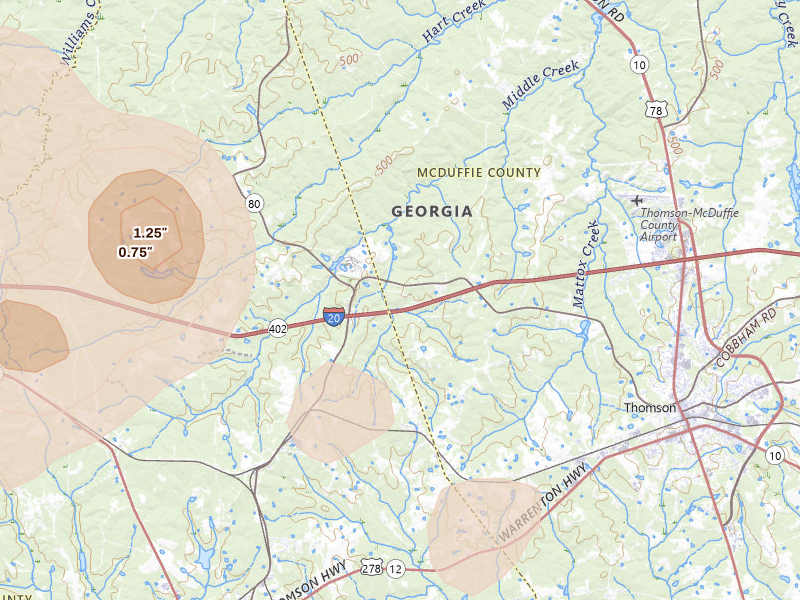 Radar-estimated hail-size map of the storm over Thomson, GA