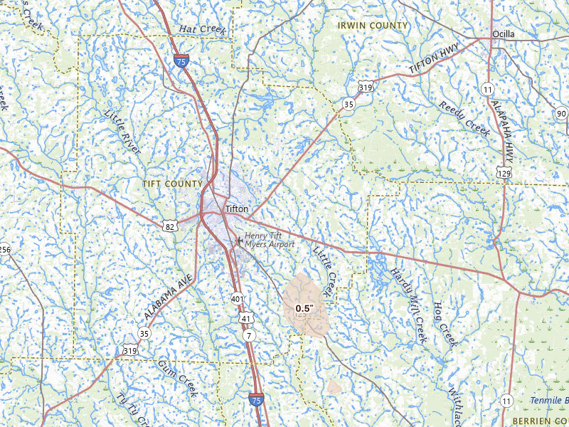 Radar-estimated hail-size map of the storm over Tifton, GA on Apr 3, 2026