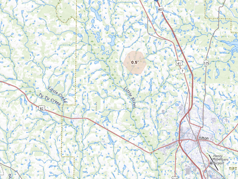 Radar-estimated hail-size map of the storm over Tifton, GA on Aug 6, 2026