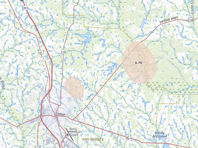 Radar-estimated hail-size map of the storm over Tifton, GA on Aug 13, 2026