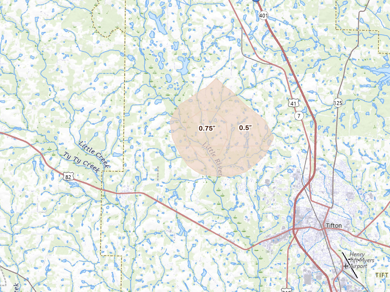 Radar-estimated hail-size map of the storm over Tifton, GA on Aug 21, 2026