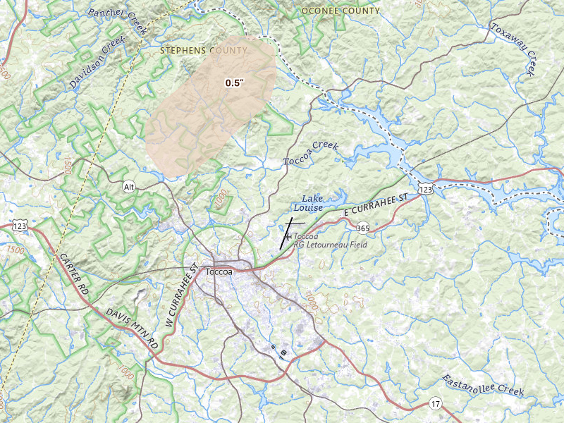 Radar-estimated hail-size map of the storm over Toccoa, GA on Jun 29, 2026