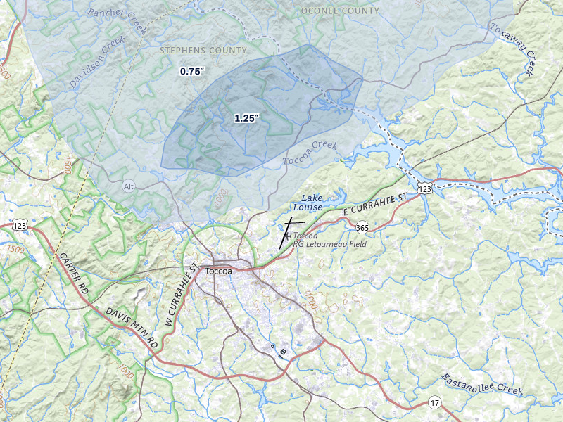 NEXRAD radar-signature map of the hail storm over Toccoa, GA on Jun 29, 2026