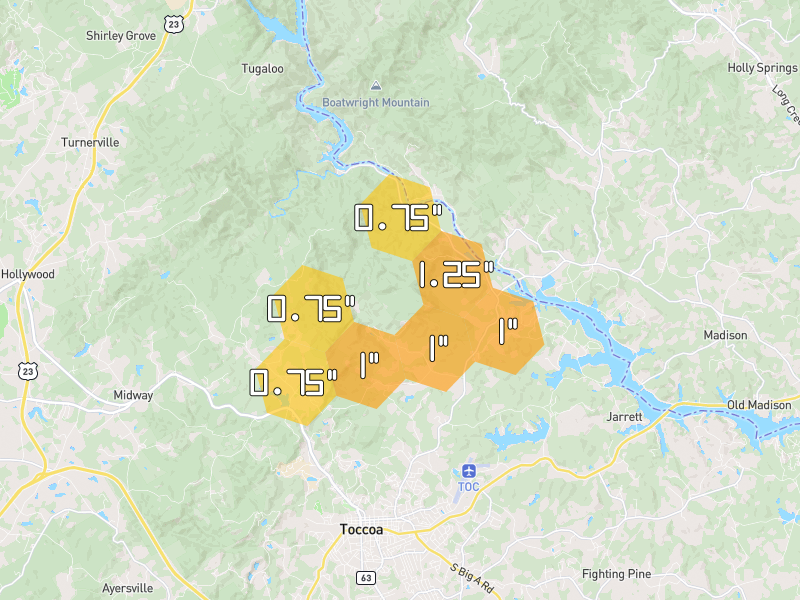 Hail map of Toccoa, GA on Jun 29, 2026, hail up to 1.25"
