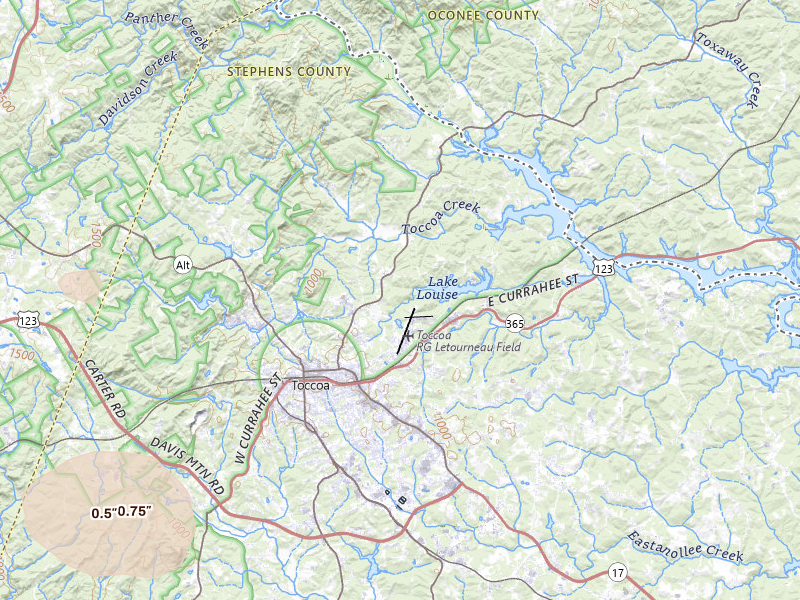 Radar-estimated hail-size map of the storm over Toccoa, GA on Jul 16, 2026