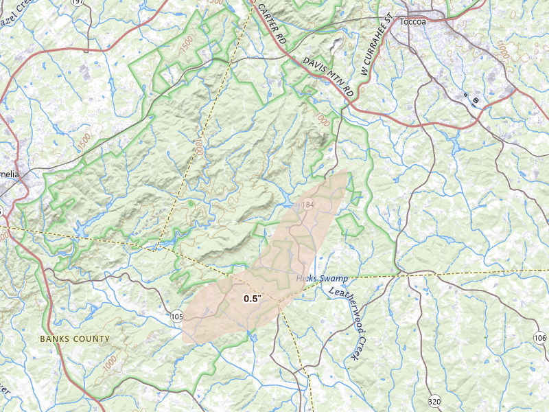 Radar-estimated hail-size map of the storm over Toccoa, GA on Aug 20, 2026