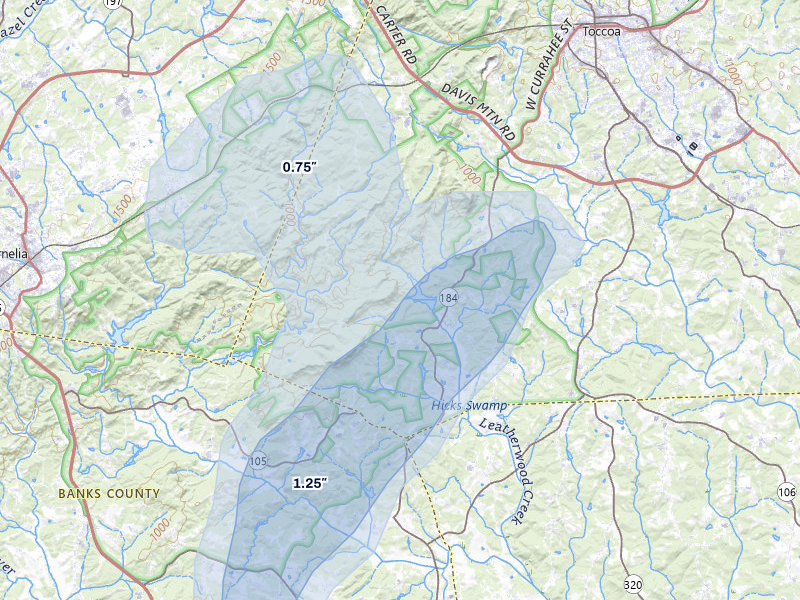 NEXRAD radar-signature map of the hail storm over Toccoa, GA on Aug 20, 2026