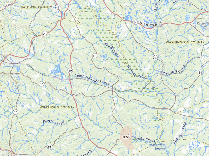 Radar-estimated hail-size map of the storm over Toomsboro, GA on Mar 6, 2026
