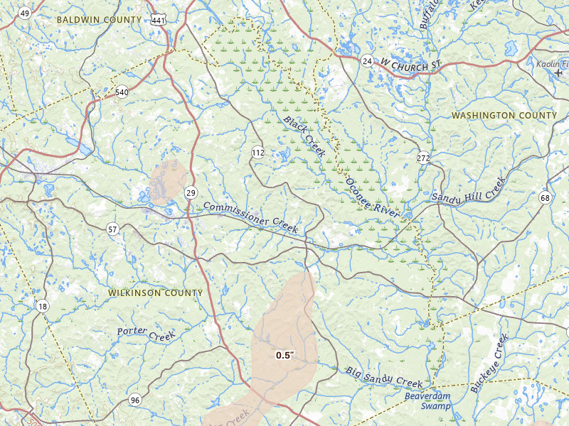 Radar-estimated hail-size map of the storm over Toomsboro, GA on Jun 29, 2026