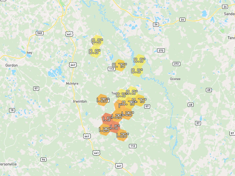 Hail map of Toomsboro, GA on Jun 29, 2026, hail up to 1.5"