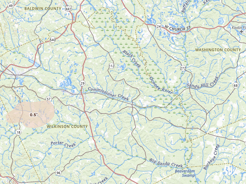 Radar-estimated hail-size map of the storm over Toomsboro, GA on Jul 9, 2026
