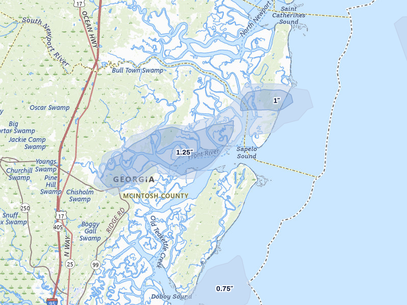NEXRAD radar-signature map of the hail storm over Townsend, GA on Mar 16, 2026