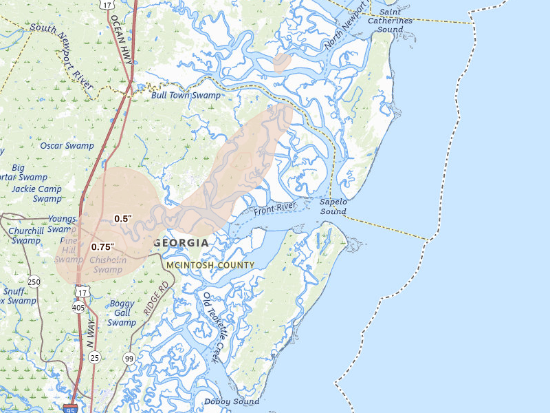 Radar-estimated hail-size map of the storm over Townsend, GA on Jul 7, 2026