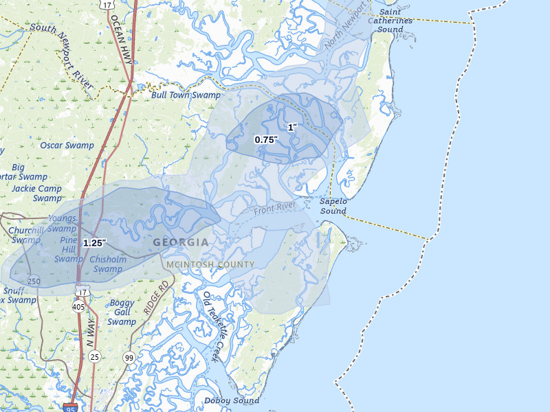 NEXRAD radar-signature map of the hail storm over Townsend, GA on Jul 7, 2026