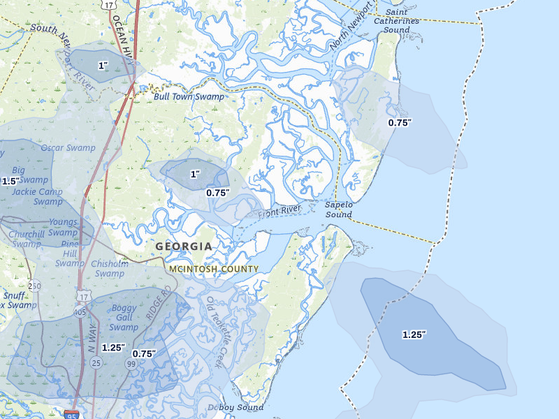 NEXRAD radar-signature map of the hail storm over Townsend, GA on Jul 29, 2026
