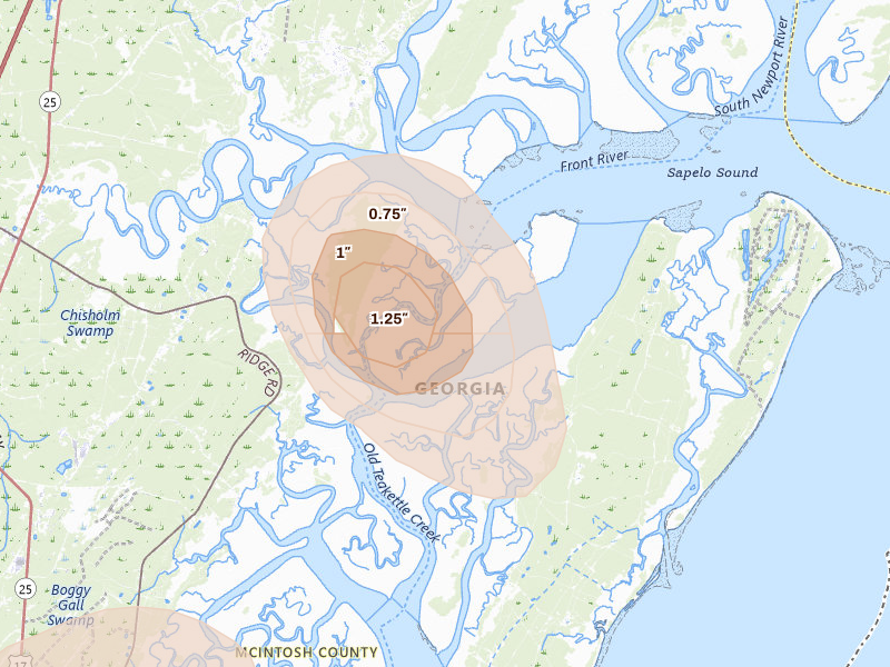 Radar-estimated hail-size map of the storm over Townsend, GA on Aug 10, 2026
