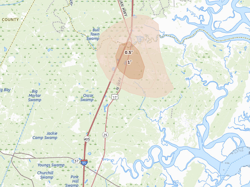 Radar-estimated hail-size map of the storm over Townsend, GA on Aug 25, 2026