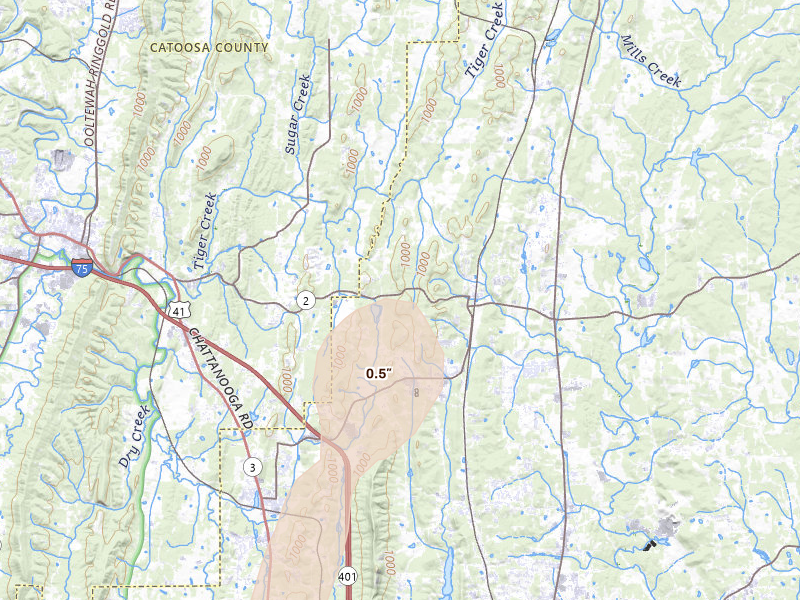 Radar-estimated hail-size map of the storm over Tunnel Hill, GA on Jul 3, 2026