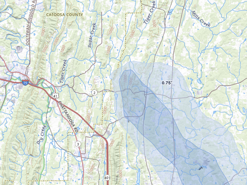 NEXRAD radar-signature map of the hail storm over Tunnel Hill, GA on Jul 28, 2026