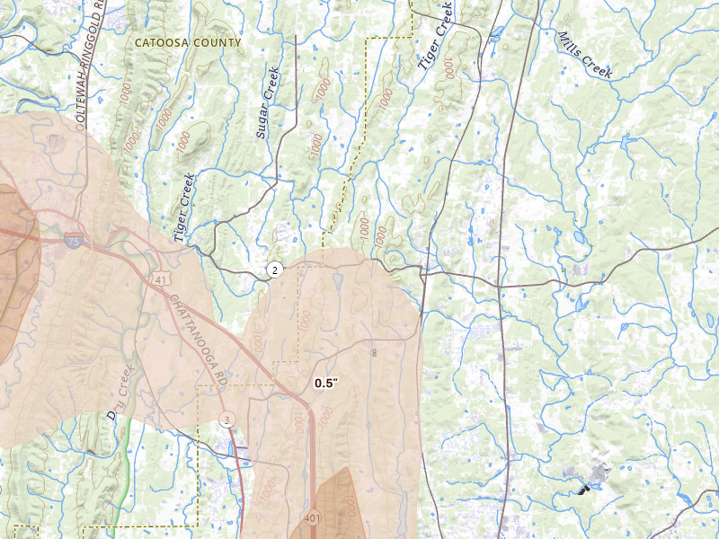Radar-estimated hail-size map of the storm over Tunnel Hill, GA on Aug 20, 2026