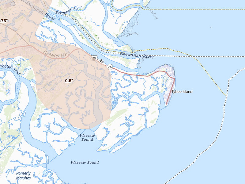 Radar-estimated hail-size map of the storm over Tybee Island, GA on Jul 5, 2026