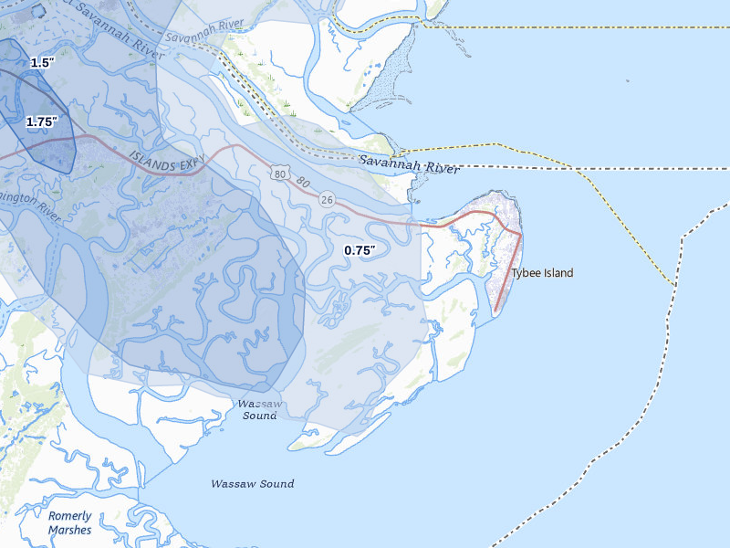 NEXRAD radar-signature map of the hail storm over Tybee Island, GA on Jul 5, 2026