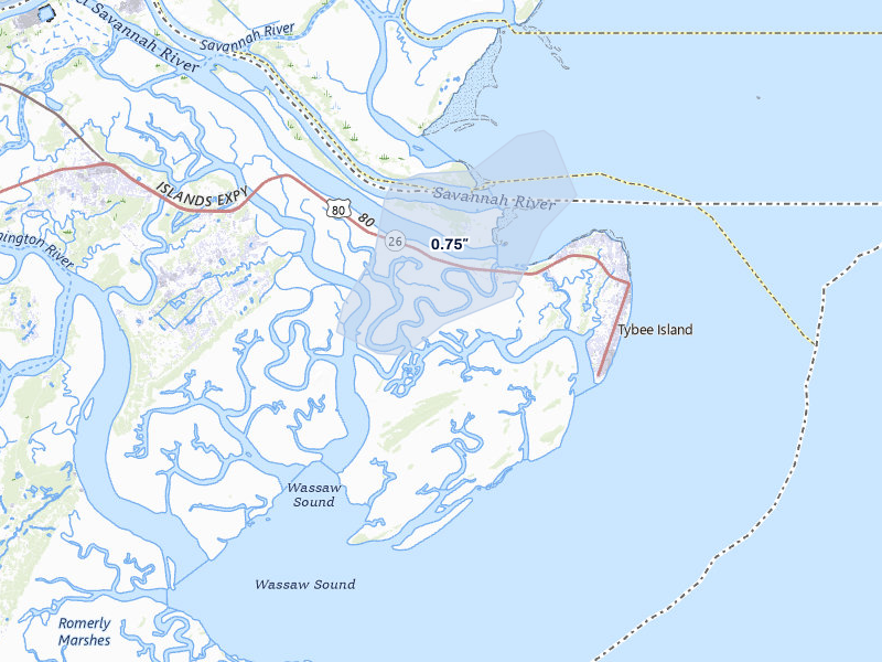 NEXRAD radar-signature map of the hail storm over Tybee Island, GA on Jul 9, 2026