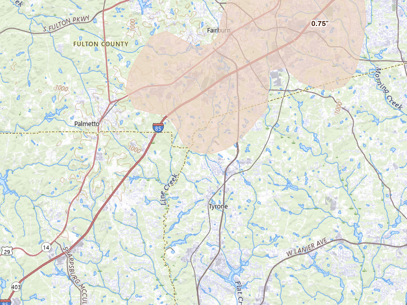 Radar-estimated hail-size map of the storm over Tyrone, GA on Jul 3, 2026