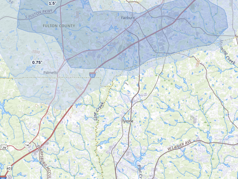 NEXRAD radar-signature map of the hail storm over Tyrone, GA on Jul 3, 2026