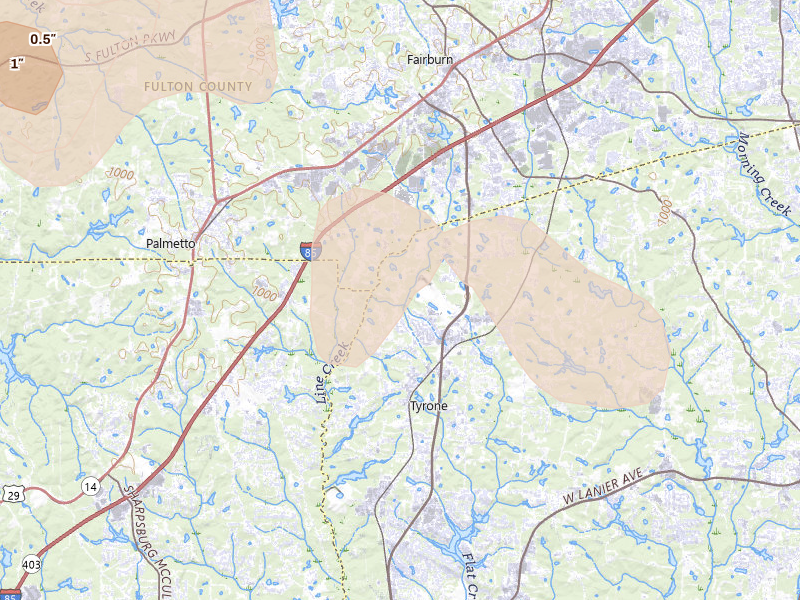 Radar-estimated hail-size map of the storm over Tyrone, GA on Jul 5, 2026