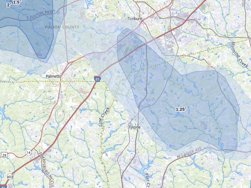 NEXRAD radar-signature map of the hail storm over Tyrone, GA on Jul 5, 2026