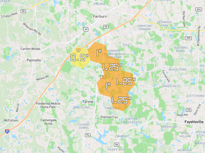 Hail map of Tyrone, GA on Jul 5, 2026, hail up to 1.25"