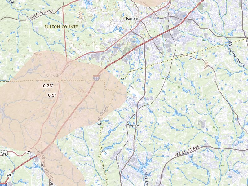 Radar-estimated hail-size map of the storm over Tyrone, GA on Aug 11, 2026