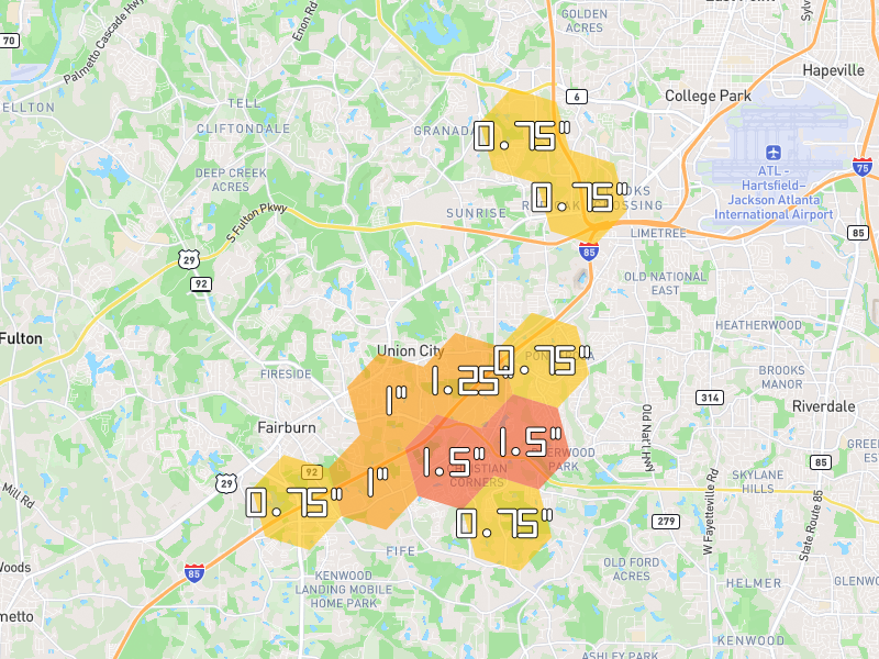 Hail map of Union City, GA on Jul 3, 2026, hail up to 1.5"