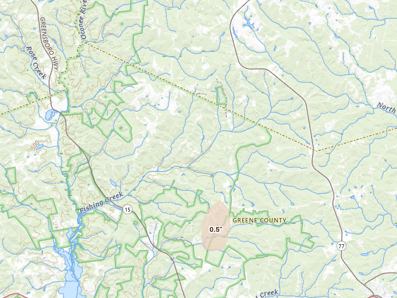 Radar-estimated hail-size map of the storm over Union Point, GA on Jul 4, 2026