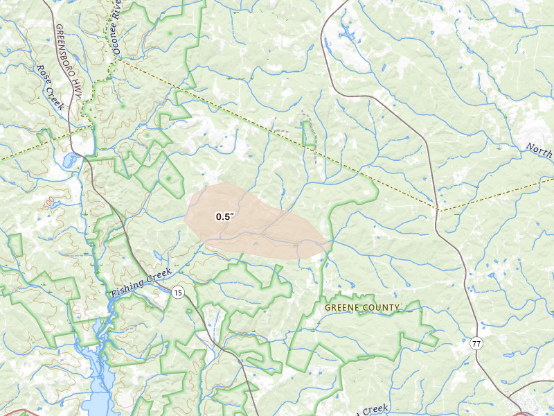 Radar-estimated hail-size map of the storm over Union Point, GA on Jul 11, 2026
