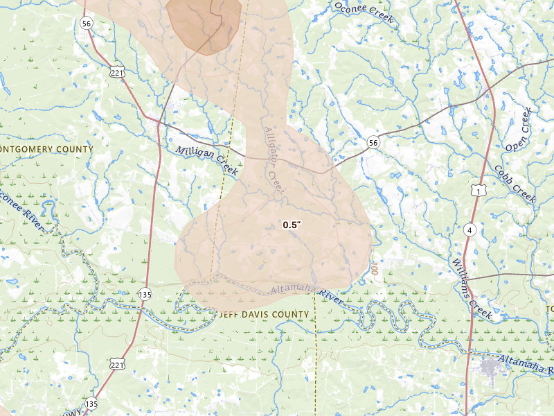 Radar-estimated hail-size map of the storm over Uvalda, GA on May 17, 2026
