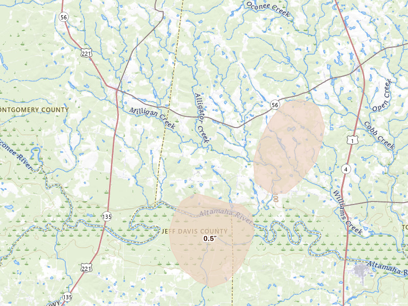 Radar-estimated hail-size map of the storm over Uvalda, GA on Jul 17, 2026