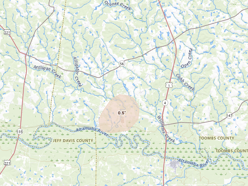 Radar-estimated hail-size map of the storm over Uvalda, GA on Aug 27, 2026
