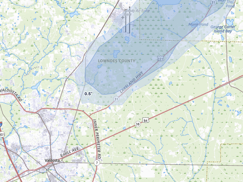 NEXRAD radar-signature map of the hail storm over Valdosta, GA on Mar 15, 2026
