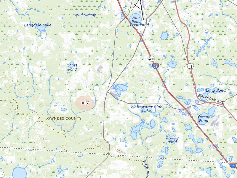 Radar-estimated hail-size map of the storm over Valdosta, GA on Jun 20, 2026