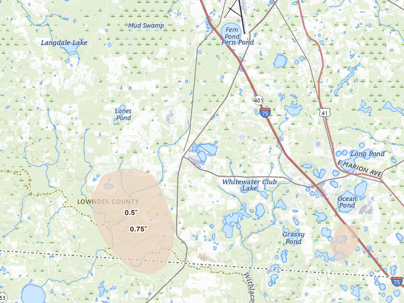 Radar-estimated hail-size map of the storm over Valdosta, GA on Jul 17, 2026