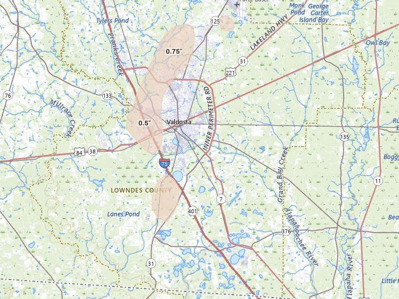 Radar-estimated hail-size map of the storm over Valdosta, GA on Aug 6, 2026