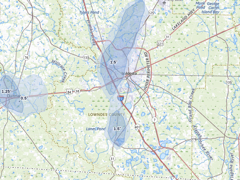 NEXRAD radar-signature map of the hail storm over Valdosta, GA on Aug 6, 2026