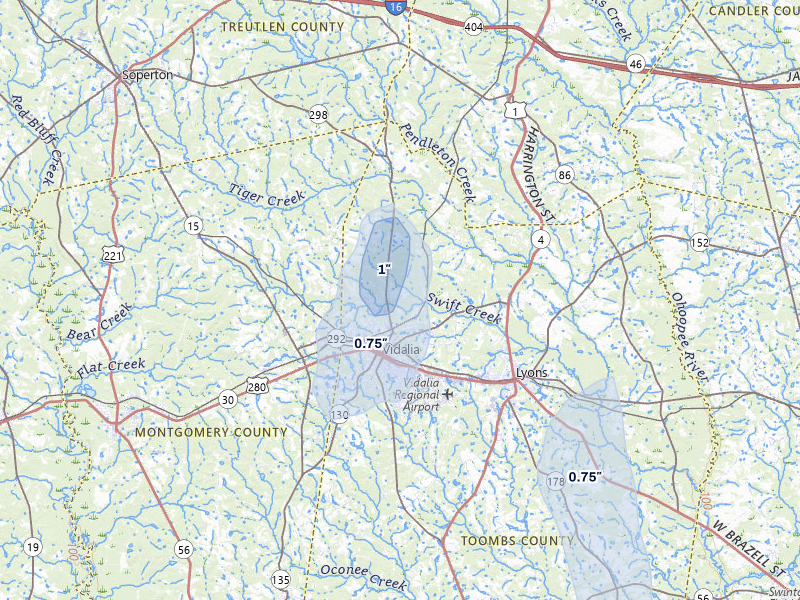NEXRAD radar-signature map of the hail storm over Vidalia, GA on Jun 29, 2026