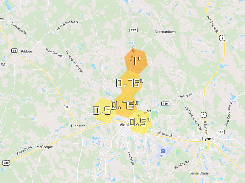 Hail map of Vidalia, GA on Jun 29, 2026, hail up to 1"